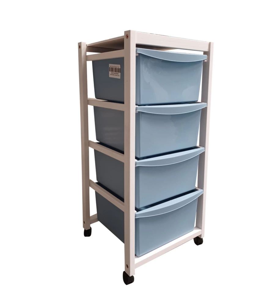 CARRELLO IN LEGNO BIANCO CON CASSETTI BLU, 37,5X36,5X82 CM